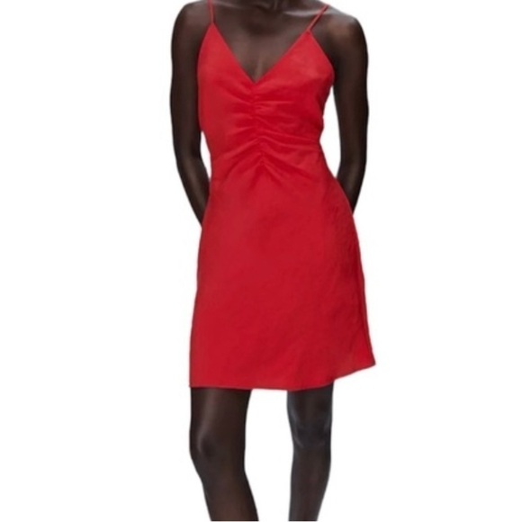🆕ZARA RUCHED FLOWY DRESS STRAWBERRY size S Slip dress - Picture 1 of 7